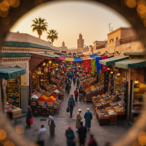 Busy marketplace with colorful stalls and people in a cityscape during sunset.