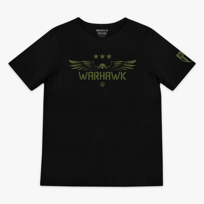 Youth black t-shirt featuring an army green eagle graphic with green “WARHAWK” lettering and a green Armor BL101 logo on sleeve