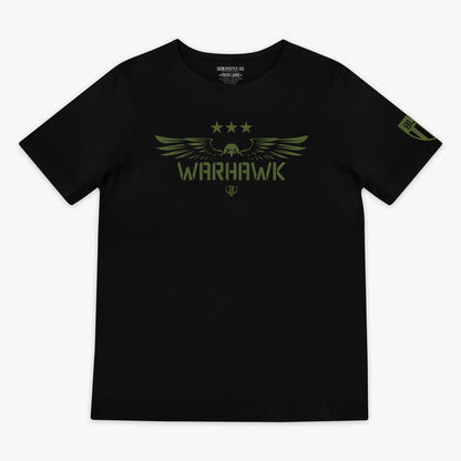 Youth black t-shirt featuring an army green eagle graphic with green “WARHAWK” lettering and a green Armor BL101 logo on sleeve