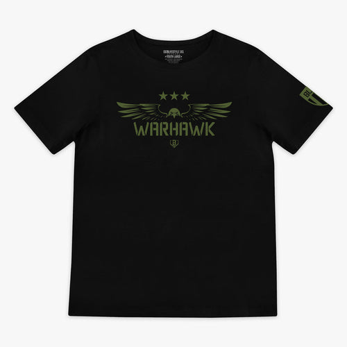 Youth black t-shirt featuring an army green eagle graphic with green “WARHAWK” lettering and a green Armor BL101 logo on sleeve