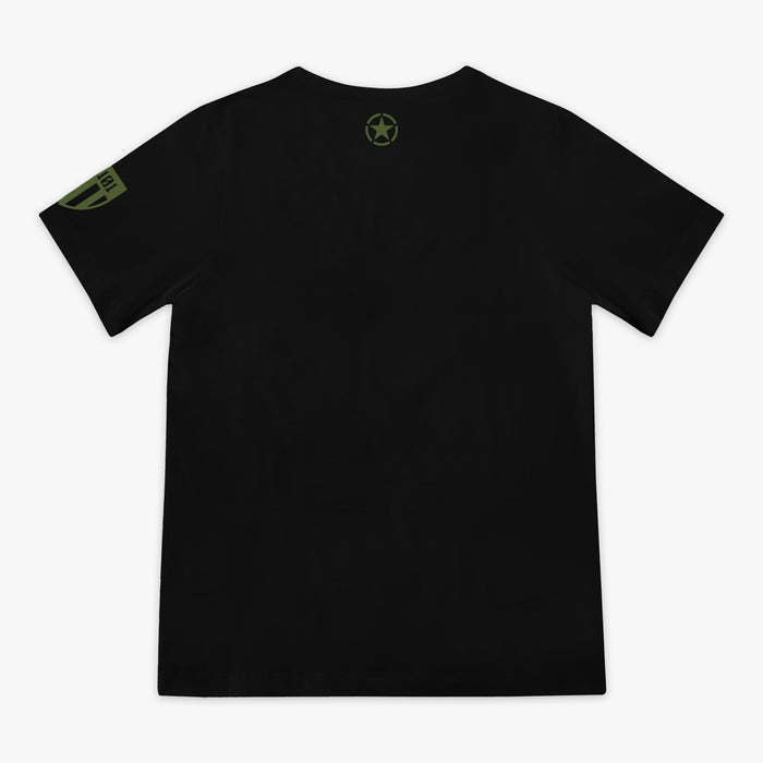 Youth black t-shirt featuring an army green star graphic and a green Armor BL101 logo on sleeve