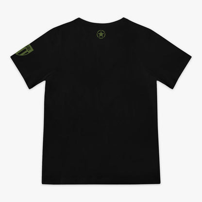Youth black t-shirt featuring an army green star graphic and a green Armor BL101 logo on sleeve