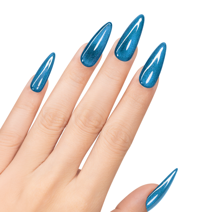 Hand with blue nail polish on a white background