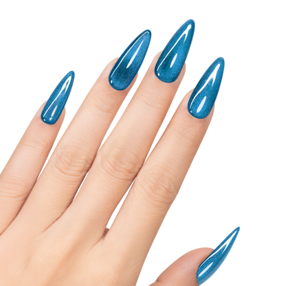 Hand with blue nail polish on a white background
