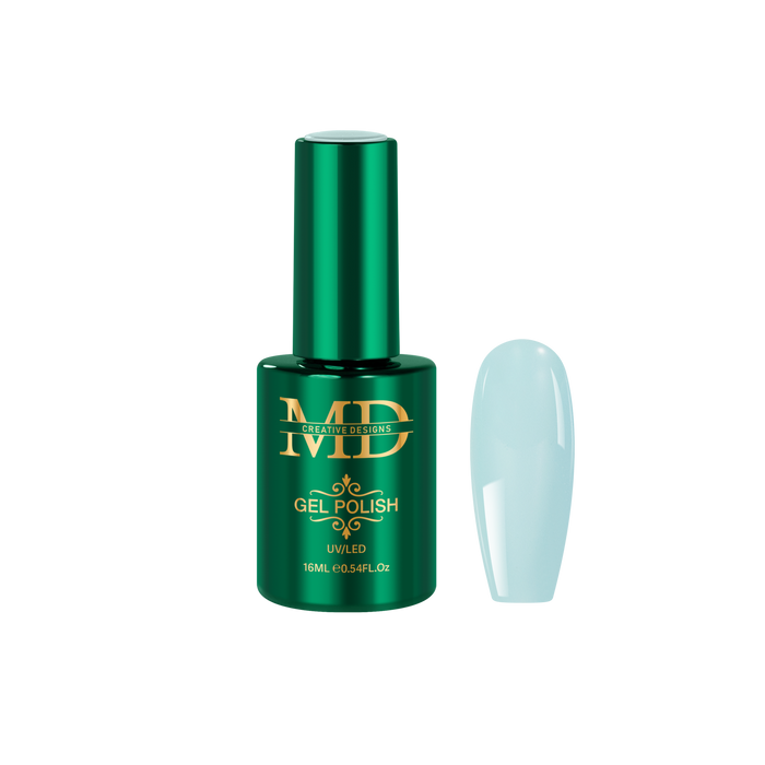 Green gel polish bottle with a matching nail tip color swatch on a white background