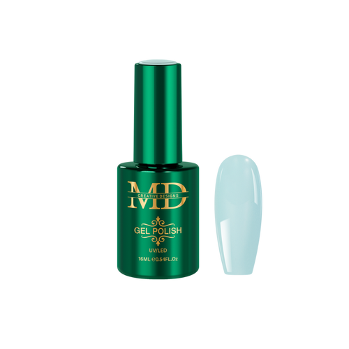 Green gel polish bottle with a matching nail tip color swatch on a white background