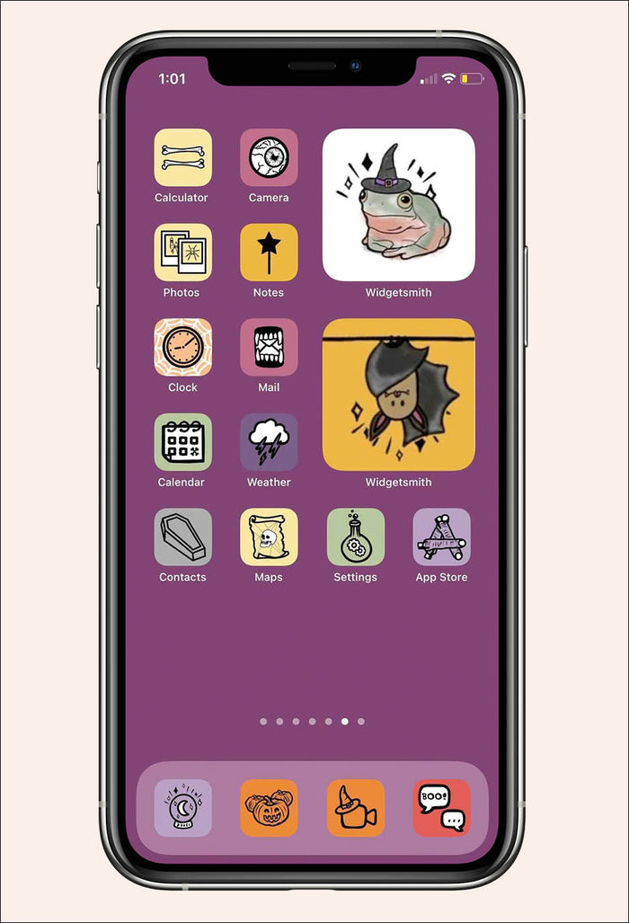 halloween inspired ios icon pack with purple background and spooky themed apps and widgets
