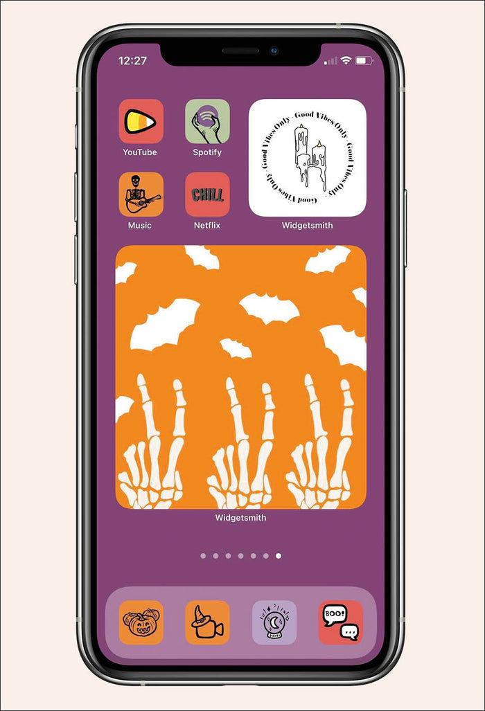 halloween inspired ios icon pack with purple background and spooky themed apps and widgets