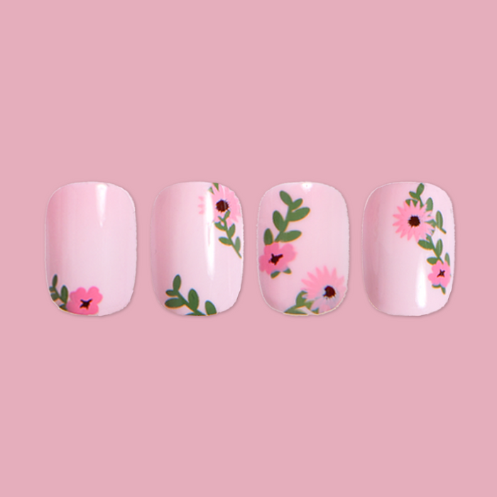 Wild Bouquet - Press-On | Short | Squoval pink short nails with delicate green leaves and pink floral press-on design