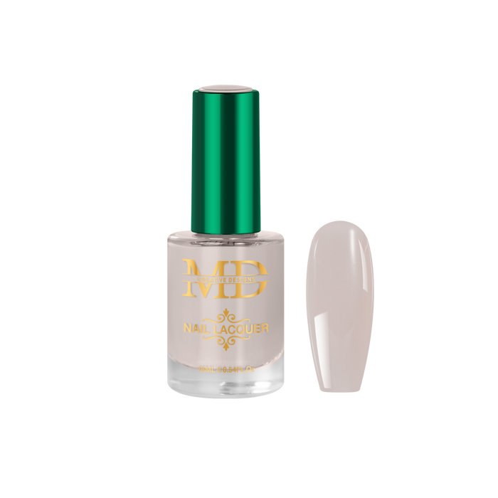 Nail polish bottle with green cap and gold text on a white background