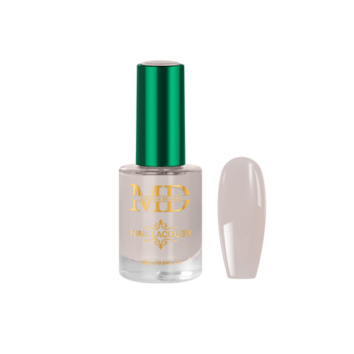 Nail polish bottle with green cap and gold text on a white background