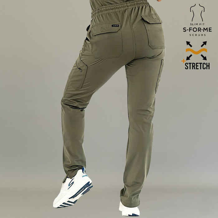 Women’s Olive Green jogger scrub pants side view with tapered fit