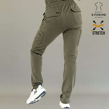 Women’s Olive Green jogger scrub pants side view with tapered fit