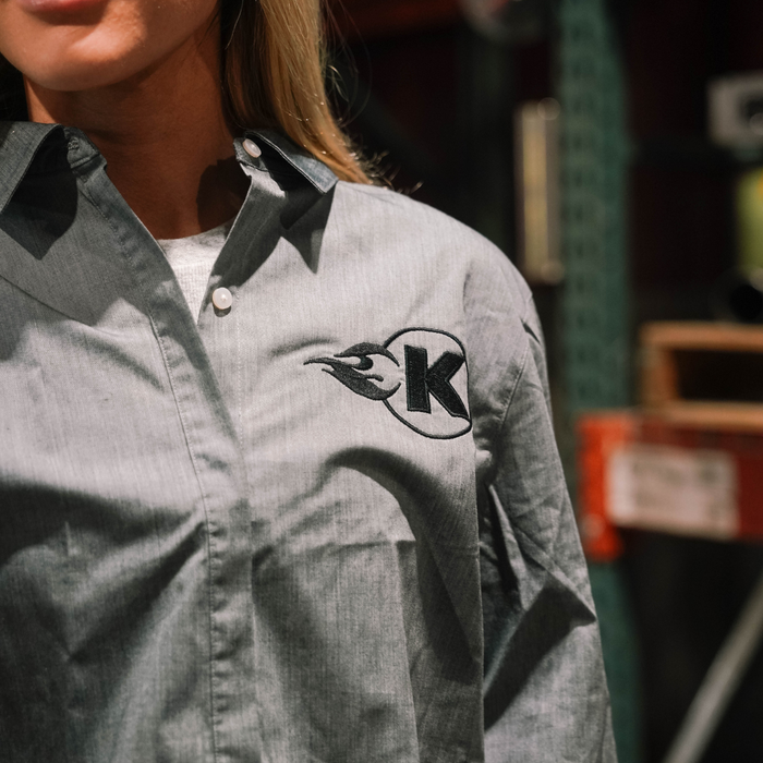 Women's Grey Button Down with Black K-Flame