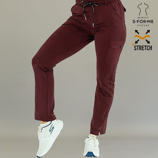 Women’s maroon 930 super stretch scrub pants by S-FORME
