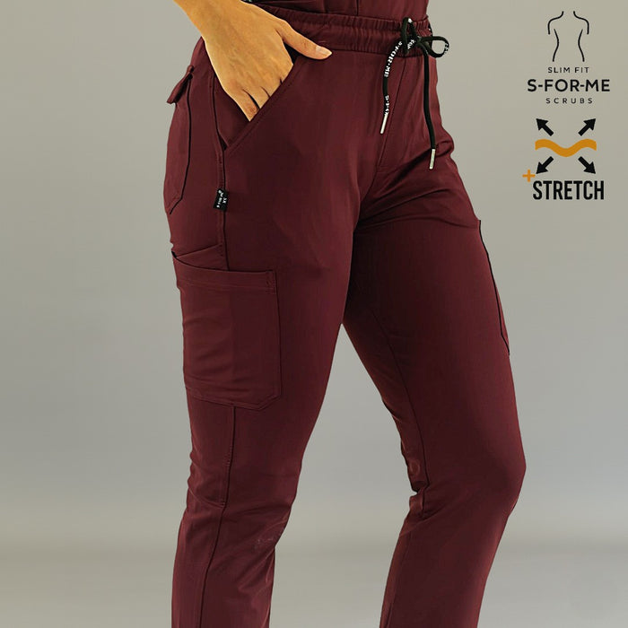 Women’s maroon jogger scrub pants with modern tapered fit