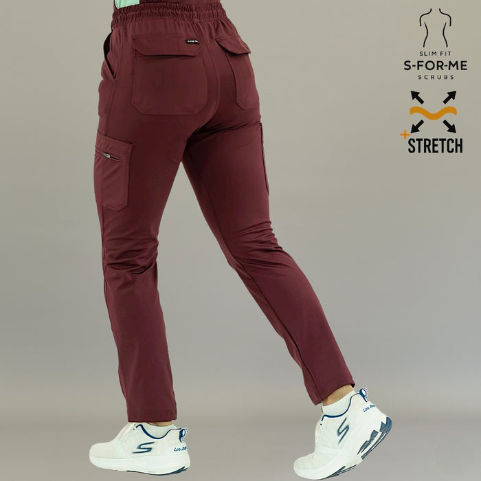 Women’s maroon medical scrub pants with wrinkle-resistant fabric