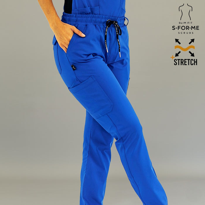 Royal blue women’s scrub pants with slim tapered jogger fit