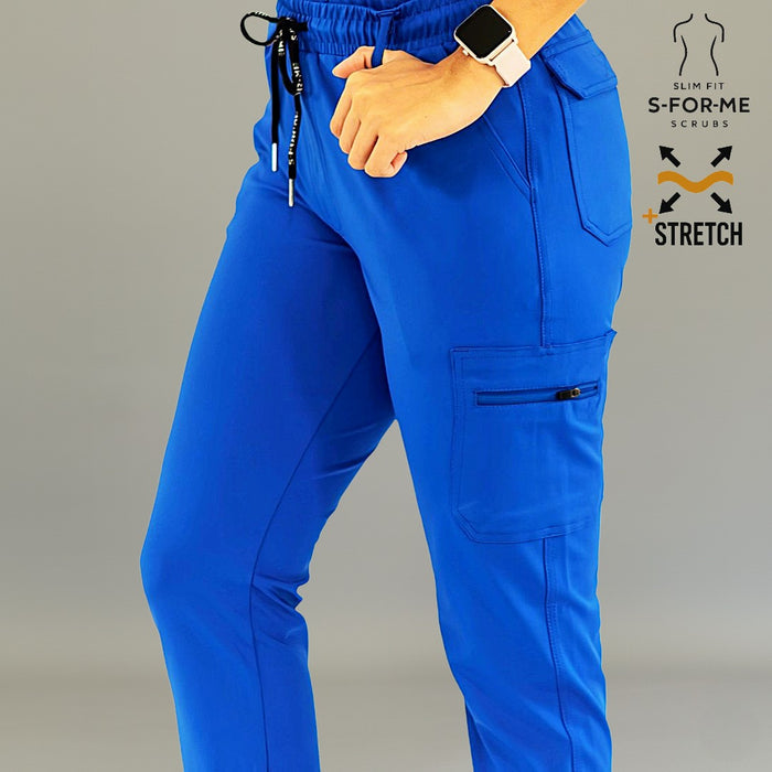 Women’s royal blue nursing scrub pants designed for long shifts
