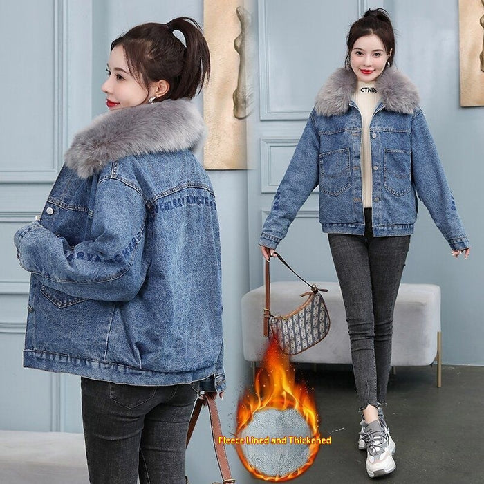 Women's Thickened Fur Collar Denim Jacket — Korean Casual Style
