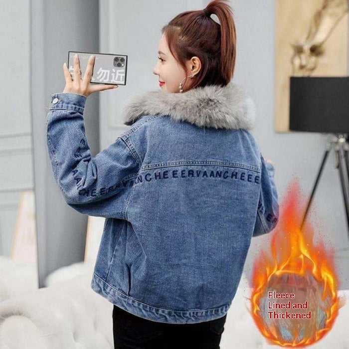 Women's Thickened Fur Collar Denim Jacket — Korean Casual Style