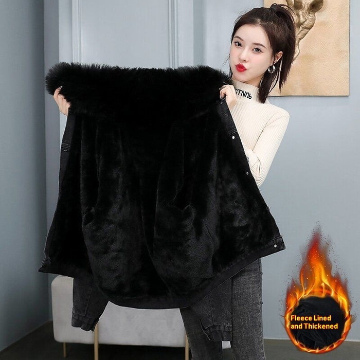 Women's Thickened Fur Collar Denim Jacket — Korean Casual Style