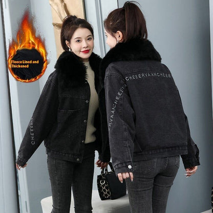 Women's Thickened Fur Collar Denim Jacket — Korean Casual Style