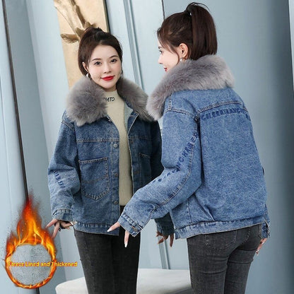 Women's Thickened Fur Collar Denim Jacket — Korean Casual Style