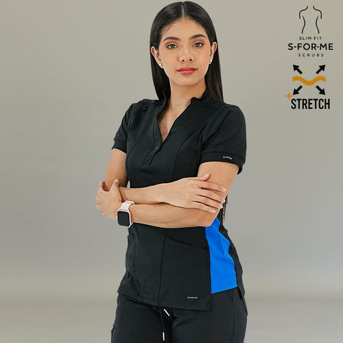 Women's 930 Black-Royal Blue super stretch scrub top by S-FORME front view