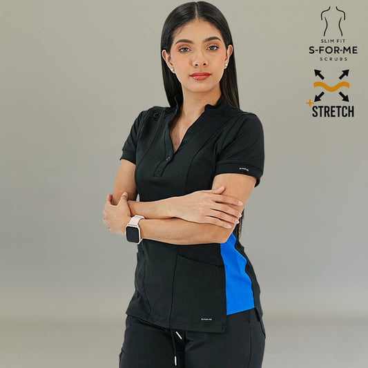 Women's 930 Black-Royal Blue super stretch scrub top by S-FORME front view