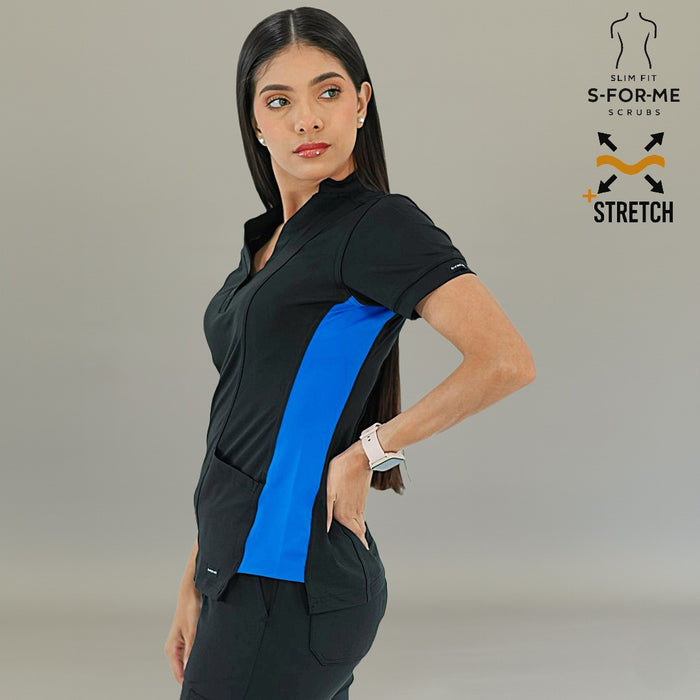 Women's black and royal blue scrub top with slim fit and short sleeves