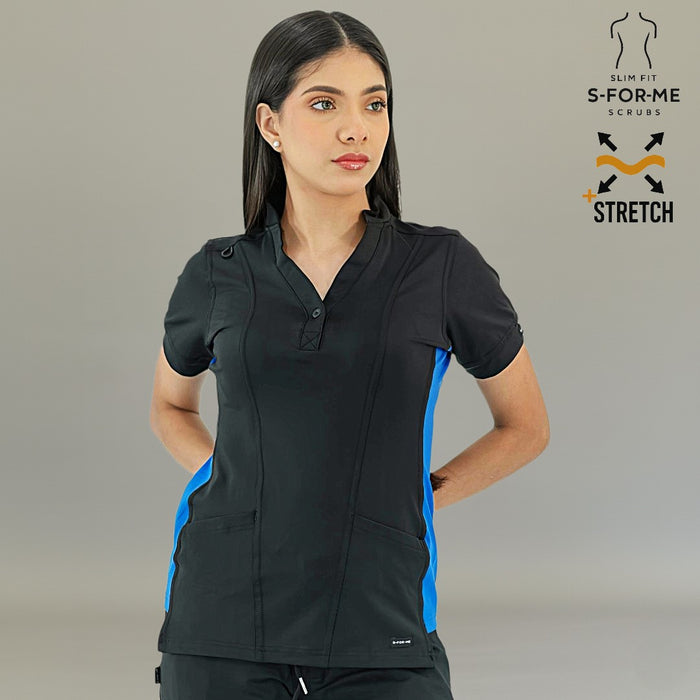 S-FORME Women's 930 scrub top in black royal blue stretch fabric
