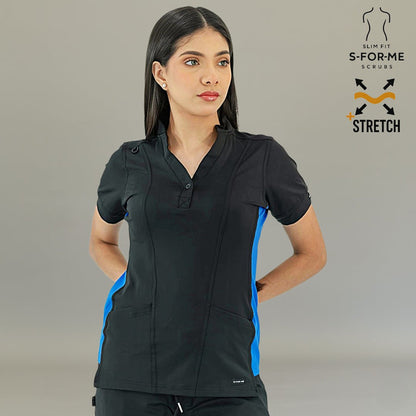S-FORME Women's 930 scrub top in black royal blue stretch fabric