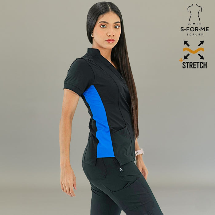 Professional women's medical scrub top in black and royal blue two-tone design