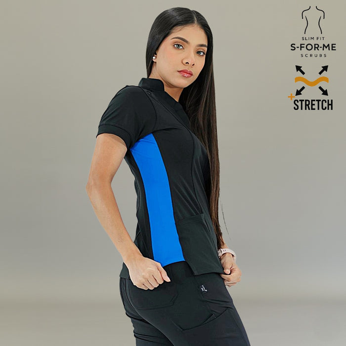 Women's mandarin collar scrub top with royal blue contrast details