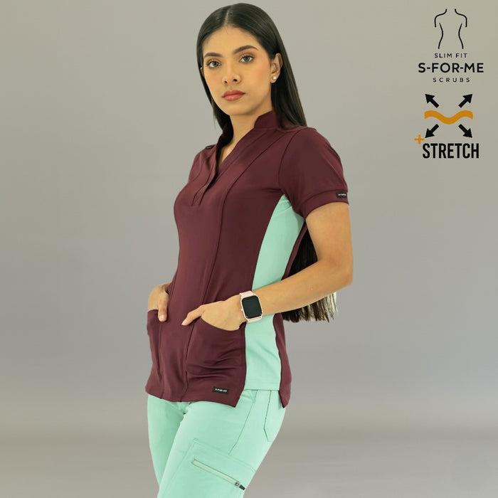 Women's Top 930 Maroon/Brook Green Super Stretch scrub top front view by S-FORME