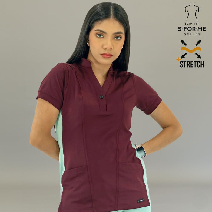 S-FORME Women's 930 Maroon/Brook Green scrub top with mandarin collar and pockets