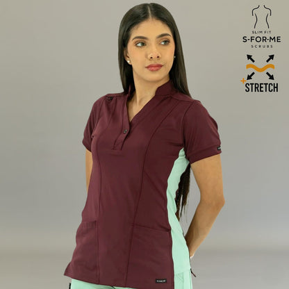 Women's Maroon/Brook Green two-tone medical scrub top in Super Stretch fabric