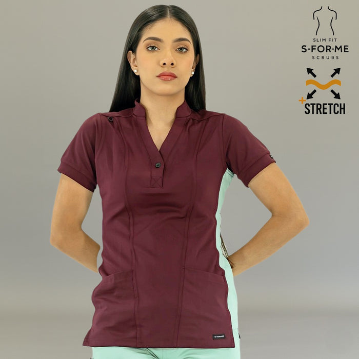 Side view of Women's Top 930 Maroon/Brook Green slim fit healthcare scrub top