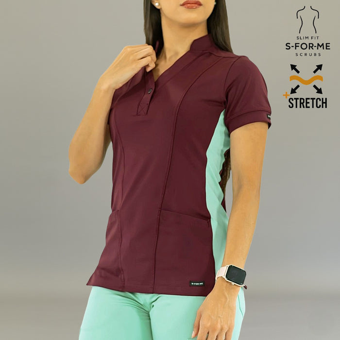 Women's 930 scrub top Maroon/Brook Green styled for nurses and healthcare professionals