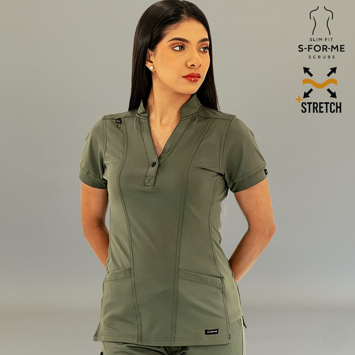 Women's Top 930 Olive Green Super Stretch scrub top front view by S-FORME