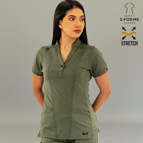 Women's Top 930 Olive Green Super Stretch scrub top front view by S-FORME
