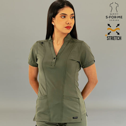 Women's Top 930 Olive Green Super Stretch scrub top front view by S-FORME