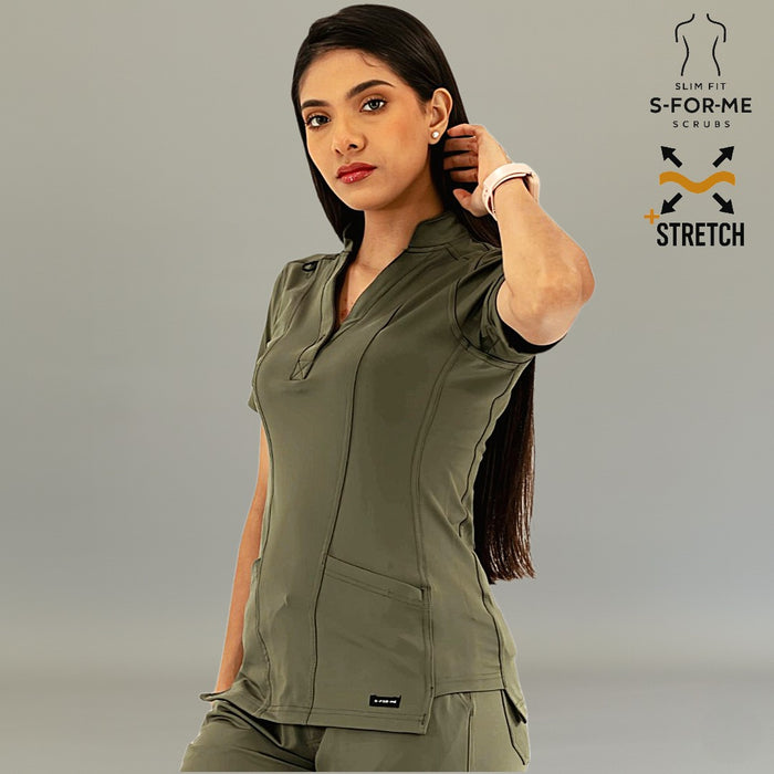 Women's Olive Green medical scrub top in Super Stretch fabric for healthcare professionals