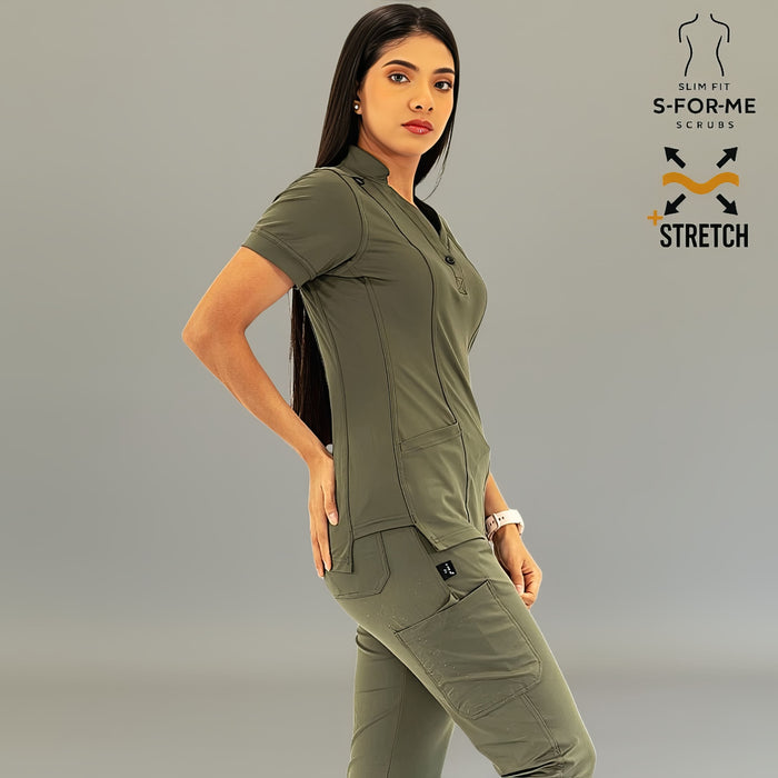 Side view of Women's Top 930 Olive Green slim fit healthcare scrub top