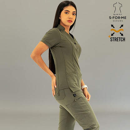 Side view of Women's Top 930 Olive Green slim fit healthcare scrub top