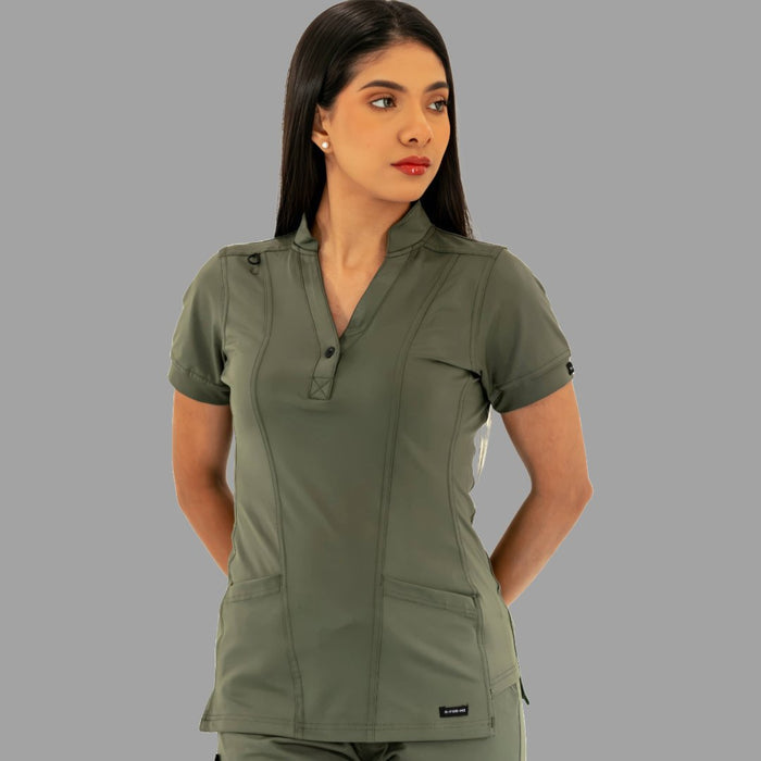 Back view of Women's 930 Super Stretch scrub top in Olive Green