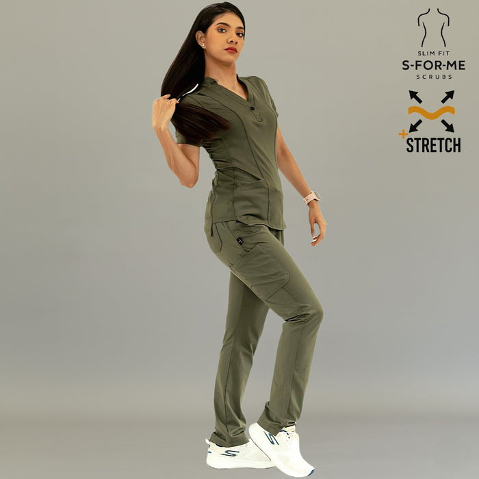 Detail of Olive Green S-FORME 930 scrub top fabric, collar and pocket design