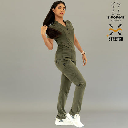 Detail of Olive Green S-FORME 930 scrub top fabric, collar and pocket design