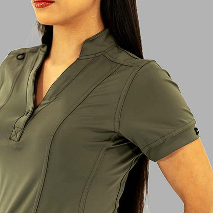 Women's 930 Olive Green scrub top styled for nurses and medical professionals